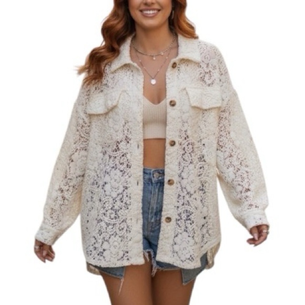 BiBi Large Cream Lace Oversized Button Front Shirt Shacket Layering Boho Casual